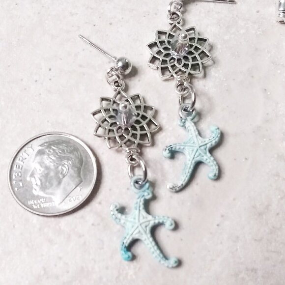 Coastal ~ Beach ~ Island Living! Patina Painted Starfish ~ Sea Star ~ Earrings#3 - Picture 4 of 7